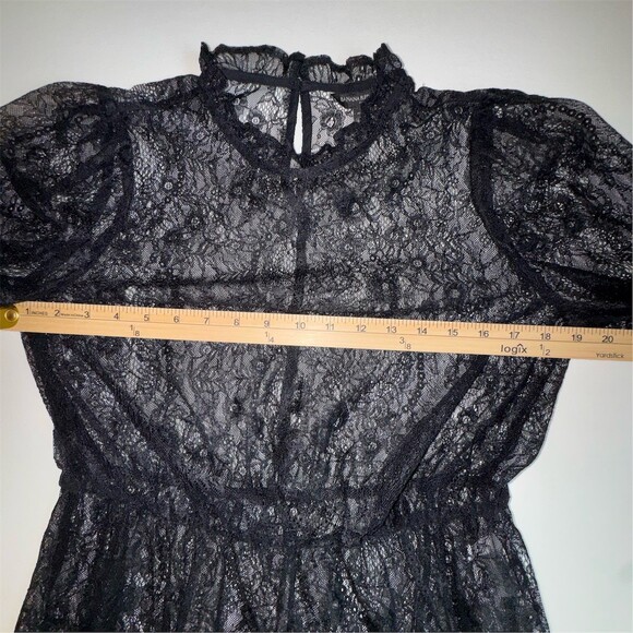 Banana Republic Blouse Womens M Petite Black Sheer Floral Lace High Neck Goth - Picture 12 of 12
